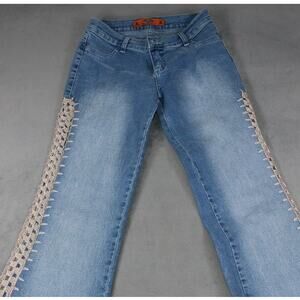 GR Body Board Line Women’s Crochet Trim Flare Jeans Blue Denim Boho Western L